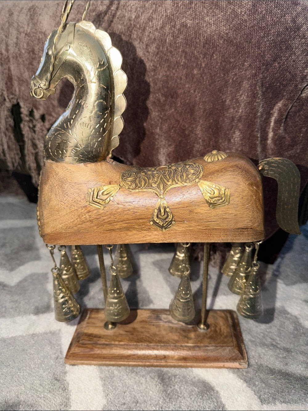 14”X10” Vintage wooden horse with brass details & bells